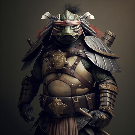 human figure wearing samurai armor, his head is a hyper realistic turtle, he is wearing a turtle shell backpack, no hat, no helmet, holding two katanas, hero pose