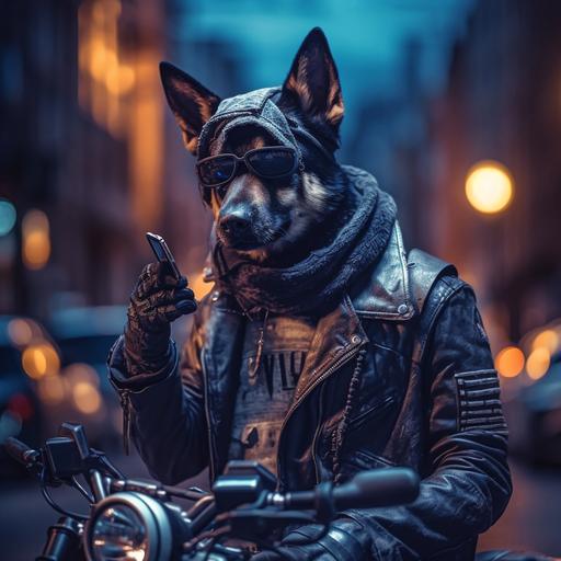 human german shepherd dog standing leaning on his motorbike holding his helmet and making a phone call, wearing glasses, biker jacket and gloves with cowboy scarf professional photography, bokeh, natural lighting, canon lens, shot on dslr 64 megapixels sharpness cyberpunk 2099 blade runner 2049 neon
