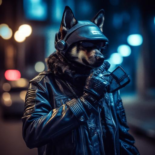 human german shepherd dog standing leaning on his motorbike holding his helmet and making a phone call, wearing glasses, biker jacket and gloves with cowboy scarf professional photography, bokeh, natural lighting, canon lens, shot on dslr 64 megapixels sharpness cyberpunk 2099 blade runner 2049 neon