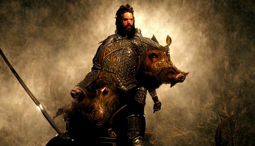 human knight: riding pig, wearing a suit of Damascus steel armor, bears head mounted on his right shoulder, he has long brown hair, a short brown beard, a large scar on his left eye, very muscular, No helmet, spear, sword. He is accompanied by a very large boar, realistic, cinematic lighting, volumetric lighting, photographic, hyperdetailed, volumetric light, octane render: --ar 16:9