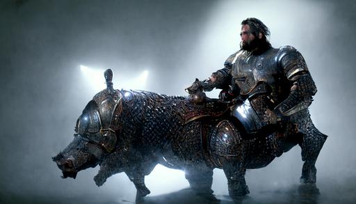 human knight: riding pig, wearing a suit of Damascus steel armor, bears head mounted on his right shoulder, he has long brown hair, a short brown beard, a large scar on his left eye, very muscular, No helmet, spear, sword. He is accompanied by a very large boar, realistic, cinematic lighting, volumetric lighting, photographic, hyperdetailed, volumetric light, octane render: --ar 16:9