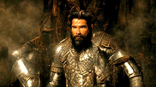 human knight: wearing a suit of Damascus steel armor, bears head mounted on his right shoulder, he has long brown hair, a short brown beard, a large scar on his left eye, very muscular, No helmet, spear, sword. He is accompanied by a very large boar, realistic, cinematic lighting, volumetric lighting, photographic, hyperdetailed, volumetric light, octane render: --ar 16:9