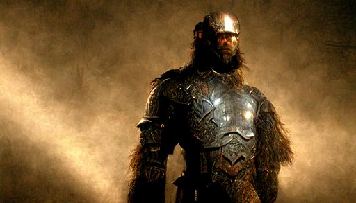 human knight: wearing a suit of Damascus steel armor,  bears head mounted on his right shoulder, he has long brown hair, a short brown beard, a large scar on his left eye, very muscular, No helmet, spear, sword. He is accompanied by a very large boar, realistic, cinematic lighting, volumetric lighting, photographic, hyperdetailed, volumetric light, octane render: --ar 16:9