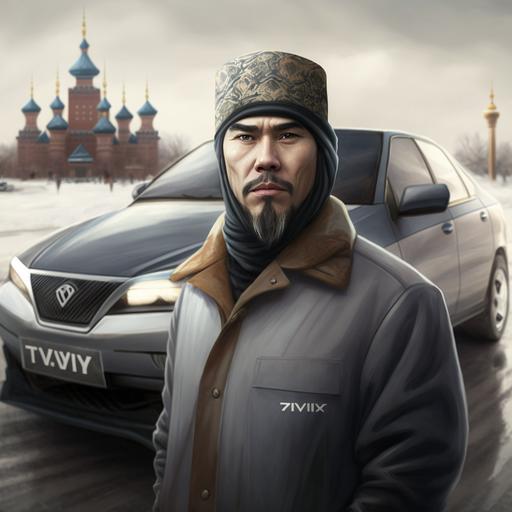 human portrait, car tayota camry became an Kazakhstan man