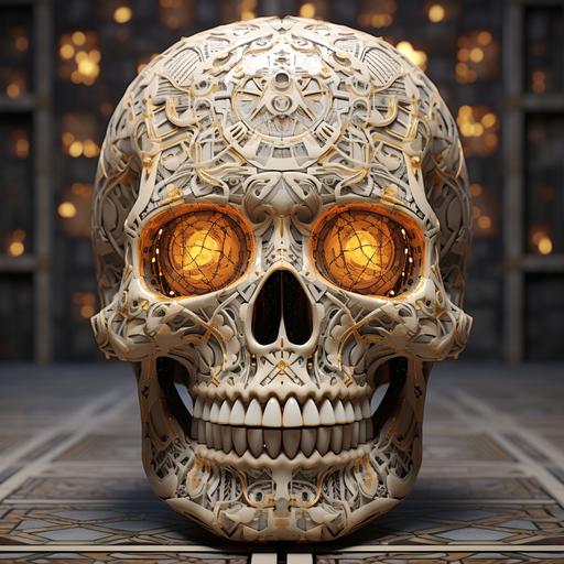 human skull, kaleidoscopic, Coffinwood, graffitti, Polaroid, Character modeling, Flat, Light art, ivory colors, surrealism, full moon lighting, Hyperrealistic textures, intricate details, architectural visualization, Corona render, 8k