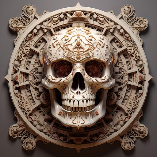 human skull, kaleidoscopic, Coffinwood, graffitti, Polaroid, Character modeling, Flat, Light art, ivory colors, surrealism, full moon lighting, Hyperrealistic textures, intricate details, architectural visualization, Corona render, 8k