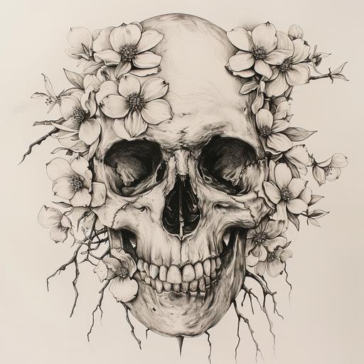 human skull with dogwood flowers, drawing, abstract, realistic --v 6.0