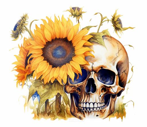 human skull with sunflowers growing out of it, realistic, alcohol ink, white background, 8k, vibrant --ar 37:32 --v 5.1