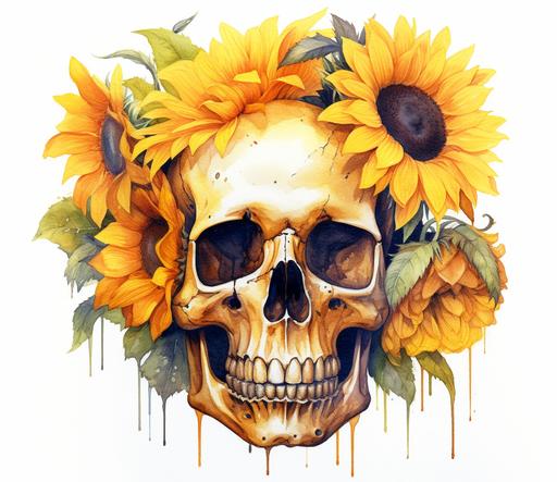 human skull with sunflowers growing out of it, realistic, alcohol ink, white background, 8k, vibrant --ar 37:32 --v 5.1