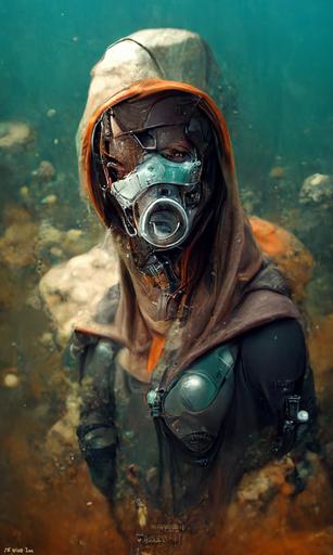 human with snorkeling mask, snorkel mask, Photobash - Caped Ranger, hooded, wearing rags, brownish tone, muted colors, dusty, Degenesis, Post-Apocalyptic Cosplay, metal rusty tube, mysterious, full body, by Craig Mullins, Ariel Perez, concept art, trending on artstation, --no blur --w 1080 --h 1720