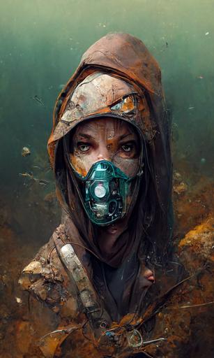 human with snorkeling mask, snorkel mask, Photobash - Caped Ranger, hooded, wearing rags, brownish tone, muted colors, dusty, Degenesis, Post-Apocalyptic Cosplay, metal rusty tube, mysterious, full body, by Craig Mullins, Ariel Perez, concept art, trending on artstation, --no blur --w 1080 --h 1720