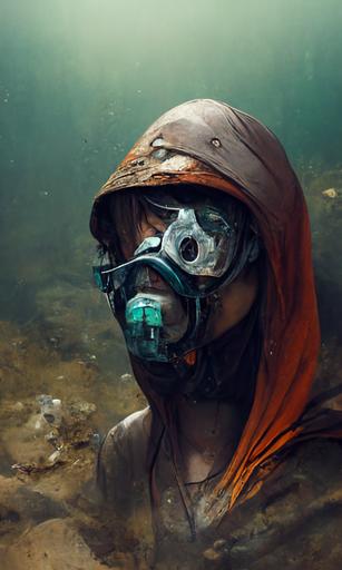 human with snorkeling mask, snorkel mask, Photobash - Caped Ranger, hooded, wearing rags, brownish tone, muted colors, dusty, Degenesis, Post-Apocalyptic Cosplay, metal rusty tube, mysterious, full body, by Craig Mullins, Ariel Perez, concept art, trending on artstation, --no blur --w 1080 --h 1720 --uplight
