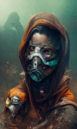 human with snorkeling mask, snorkel mask, Photobash - Caped Ranger, hooded, wearing rags, brownish tone, muted colors, dusty, Degenesis, Post-Apocalyptic Cosplay, metal rusty tube, mysterious, full body, by Craig Mullins, Ariel Perez, concept art, trending on artstation, --no blur --w 1080 --h 1720 --uplight