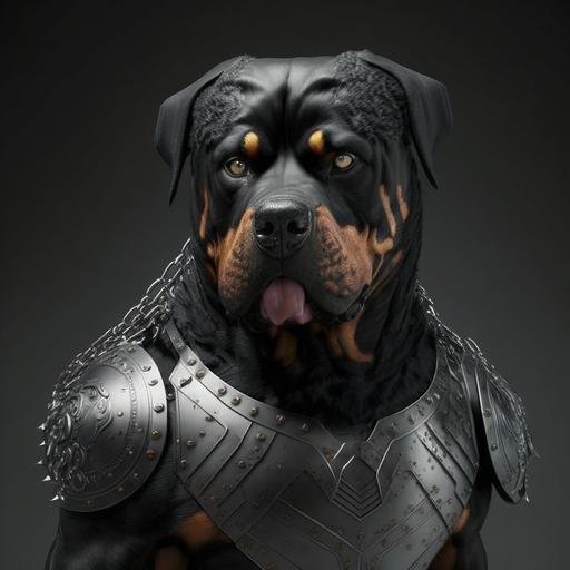 humanized rottweiler dog muscles scary armor ultra realistic
