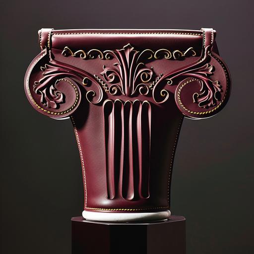 Fashion magazine ad, photograph of a handbag in the form of a freestanding Corinthian column capital crafted out of supple burgundy leather, intricate embossing with yellow stitching, luxury leather good --v 6.0 --s 0 --style raw