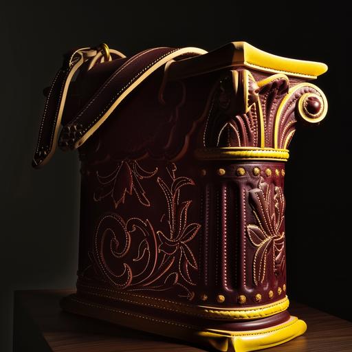 Fashion magazine ad, photograph of a handbag inspired by the form of a freestanding Corinthian column capital. Crafted out of supple burgundy leather, intricate embossing with yellow stitching, luxury leather good --v 6.0 --s 0 --style raw