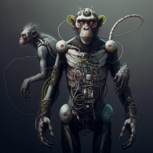 humanoid androids connected by biological wires with big fat mutated robotic Monkey --q 2 --v 4