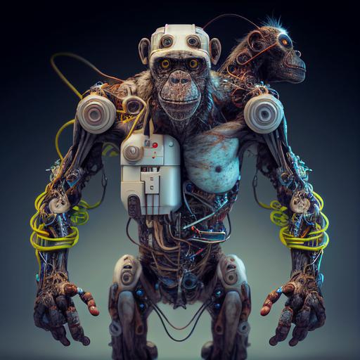 humanoid androids connected by biological wires with big fat mutated robotic Monkey --q 2 --v 4