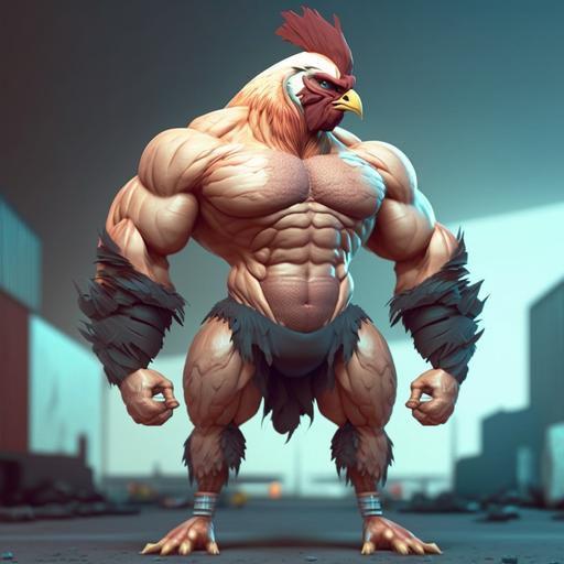 humanoid body-building chicken with ultra huge muscles, chicken on steroids, ultra strong, biceps, quadriceps, abs, pectorals,
