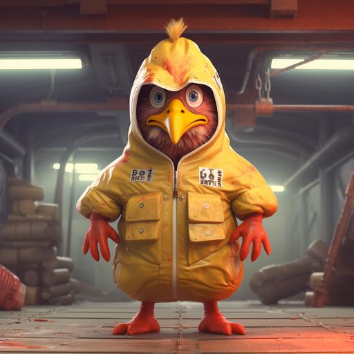 humanoid chicken cartoon character with anime theme, staying out of danger and risks, chicken-out