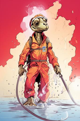 humanoid dromedary firefighter standing on two legs, firefighter red hat and red coat, holding water hose with two arms, water hose is expelling water to extinguish a house on fire, tank full of water on the dromedary's back, disney comics style --ar 2:3 --v 5.2