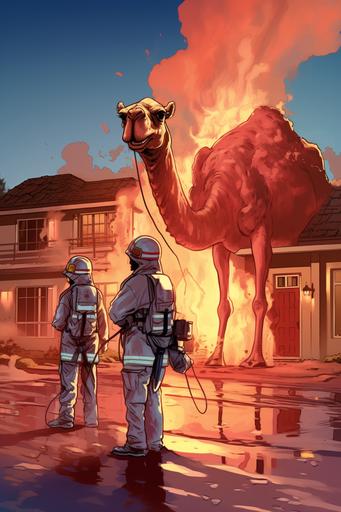 humanoid dromedary firefighter standing on two legs, firefighter red hat and red coat, holding water hose with two arms, water hose is expelling water to extinguish a house on fire, tank full of water on the dromedary's back, disney comics style --ar 2:3 --v 5.2