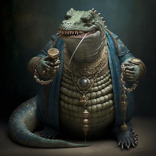 humanoid fat alligator god holding a whip of prayer beads