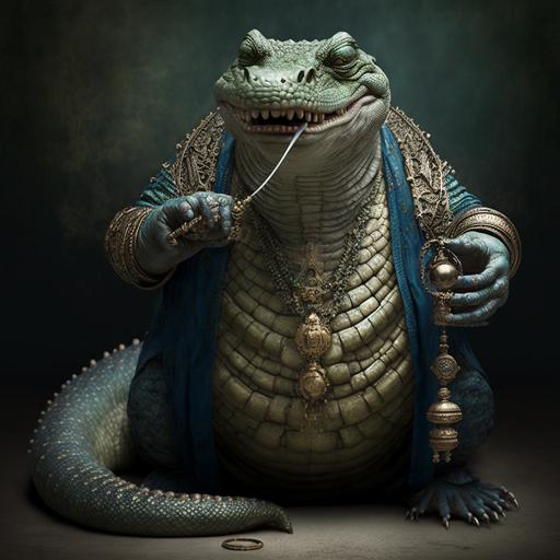 humanoid fat alligator god holding a whip of prayer beads