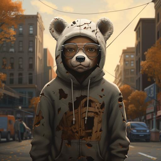 humanoid human with bear features nose ears with torn sweatshirt and glasses. Brooklyn background