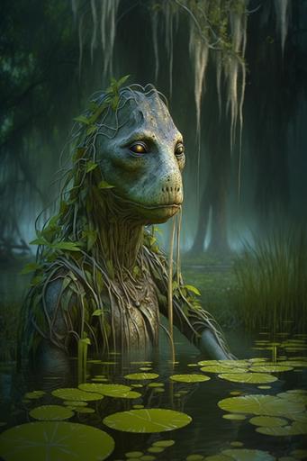 humanoid hybrid in swamp forest, spanish moss, by Ajin --ar 2:3 --chaos 25