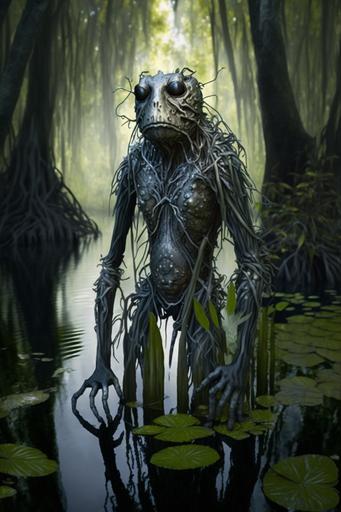 humanoid hybrid in swamp forest, spanish moss, by Ajin --ar 2:3 --chaos 25