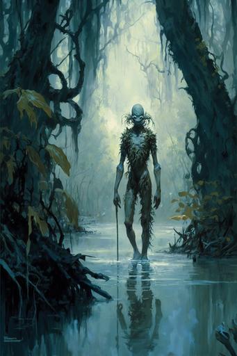 humanoid hybrid in swamp forest, spanish moss, by Sabbas Apterus --ar 2:3 --chaos 25