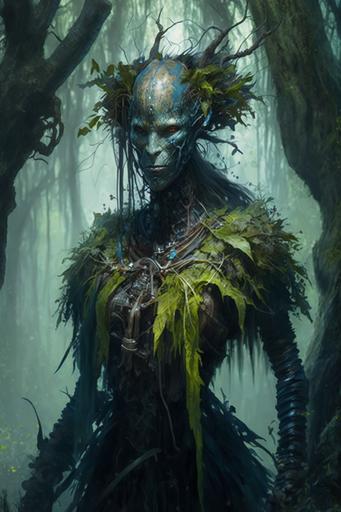 humanoid hybrid in swamp forest, spanish moss, by Sabbas Apterus --ar 2:3 --chaos 25