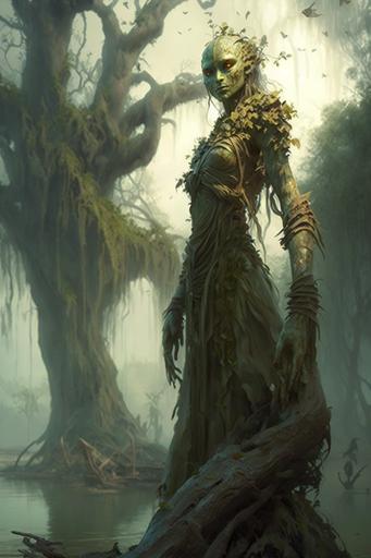 humanoid hybrid in swamp forest, spanish moss, by Sabbas Apterus --ar 2:3 --chaos 25