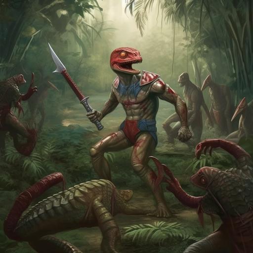 humanoid lizard with war gear, in a jungle setting, severed heads of snakes around it, pool of blood on the ground