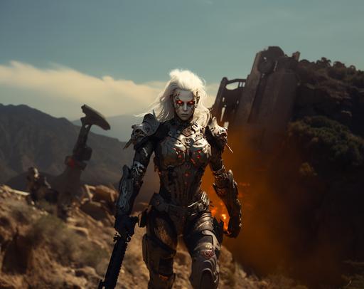 humanoid robot is holding a weapon, in a video game, in the style of nature-inspired camouflage, dark gray, dc comics, skull motifs, #film, lively tableaus, meticulous detail --ar 130:103 --c 25 --s 300