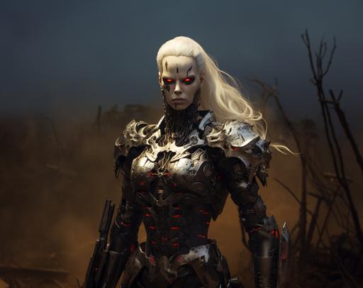 humanoid robot is holding a weapon, in a video game, in the style of nature-inspired camouflage, dark gray, dc comics, skull motifs, #film, lively tableaus, meticulous detail --ar 130:103 --c 25 --s 300