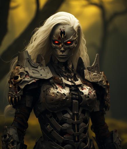 humanoid robot is holding a weapon, in a video game, in the style of nature-inspired camouflage, dark gray, dc comics, skull motifs, #film, lively tableaus, meticulous detail --ar 130:153 --c 25 --s 300