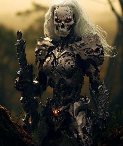 humanoid robot is holding a weapon, in a video game, in the style of nature-inspired camouflage, dark gray, dc comics, skull motifs, #film, lively tableaus, meticulous detail --c 25 --s 300
