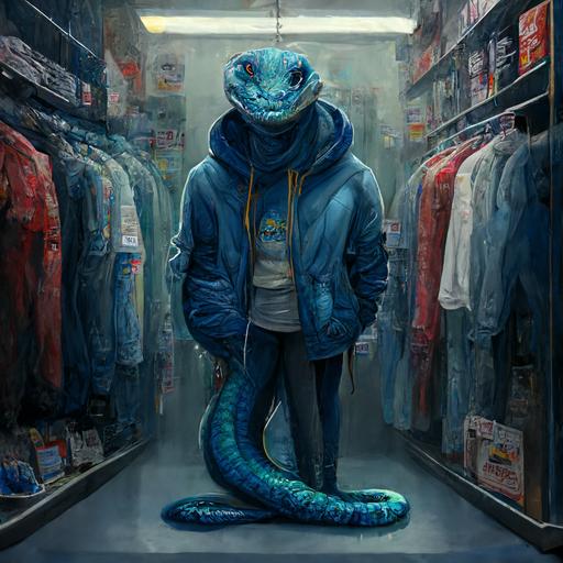 humanoid snake character, blue skin, hoodie, light blue tongue, jeans, sneakers, standing in clothes store