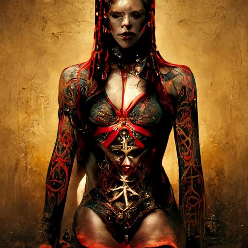 humanoid woman with red skin, devil, skin tattoos, red skin, black flowing hair, alluring pose, distressed leather bathing suit. spiked black high heels, Alphonse Mucha, Symmetrical facial features, cinematic lighting, color grading, retouch, clear reflection, Super-Resolution, high octane