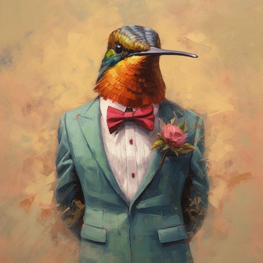 humming bird in a suit, mafia, cool, oil painting --v 5.1