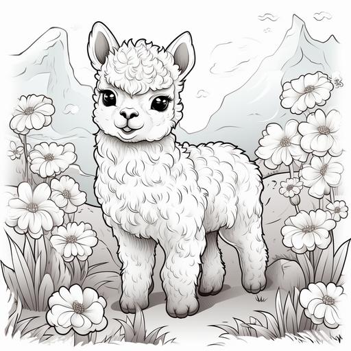 coloring pages for kids,Cartoon style, baby alpaca, thick line, low detail, no shading — ar9:11