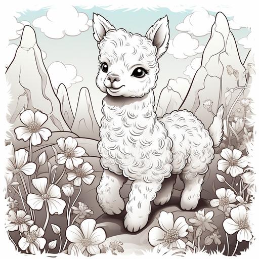 coloring pages for kids,Cartoon style, baby alpaca, thick line, low detail, no shading — ar9:11