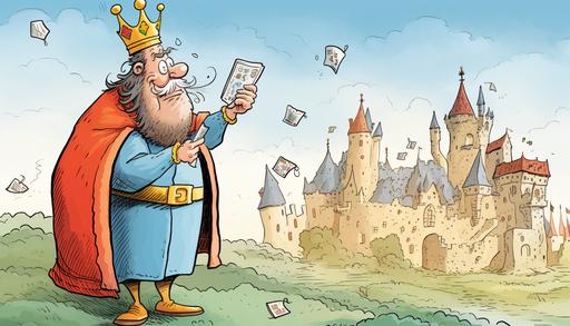 humorous cartoon king secretly applying orienteering to everyday objects around him --ar 7:4