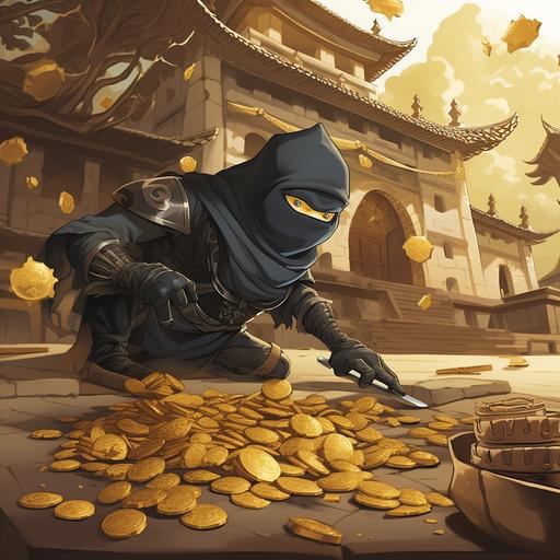humorous cartoon ninja stealthily stealing gold leaf from items in a castle