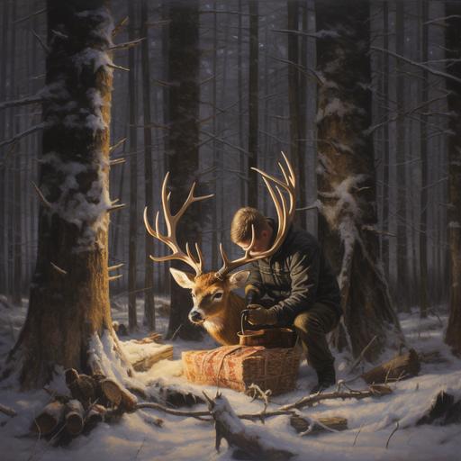 hunter skinning deer in wood