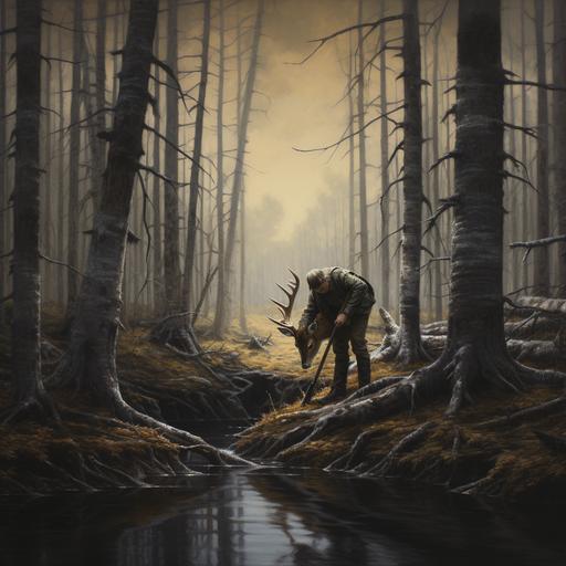 hunter skinning deer in wood
