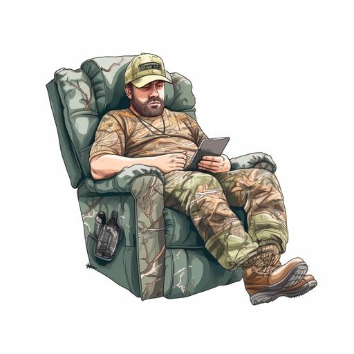 hunter with large camo trucker hat cartoon style (in the paper) sitting on a recliner white background --v 5.1