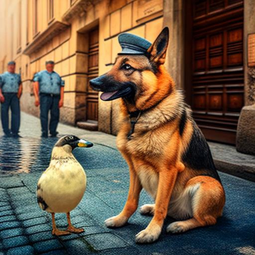 husky german shepard mix dog light beige on the streets of budapest hungary eating a duck that is wearing sandels and in the backgound there is a hungarian policeman holding a ballon